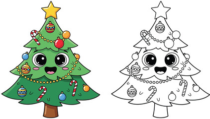Cute Kawaii Christmas Tree Cartoon with Star Topper and Ornaments - Vector Illustration for Holiday Decorations and Coloring Book