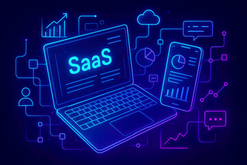 Neon Outline of Laptop and Smartphone Displaying Charts and Saa S Text Amidst Network Connections SaaS