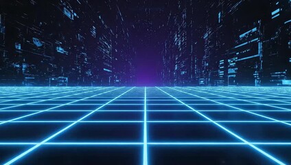 Futuristic cyberspace cityscape with a glowing blue neon grid floor stretching into a digital purple horizon - Powered by Adobe