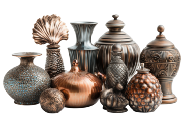 Collection of decorative metal vases and pots showcasing intricate designs and textures on transparent background