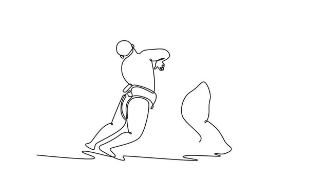 Animated self drawing of continuous line draw two massive Sumo wrestlers locked in a struggle, with one delivering a forceful, open-hand strike to the opponent's head. Full length one line animation