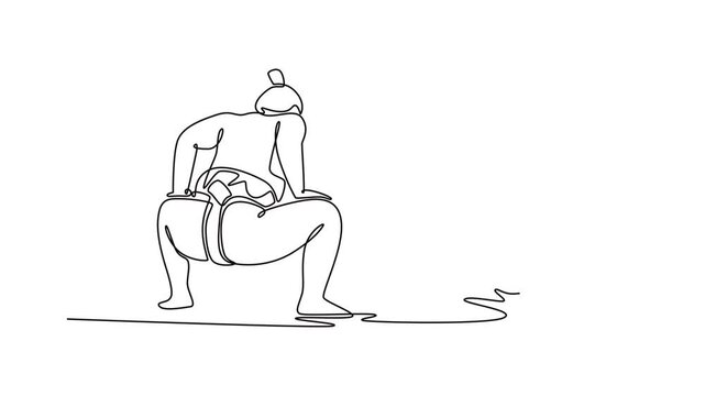 Animated self drawing of continuous line draw two massive Sumo wrestlers facing each other in low, ritualistic shikiri squat, focus, anticipation before match begins. Full length single line animation