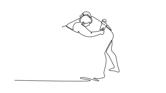 Animated self drawing of continuous line draw two massive Sumo wrestlers locked in a head-to-head grapple, immense force and intense, close-quarters combat of sport. Full length single line animation