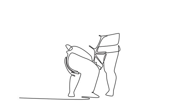 Self drawing animation of single line draw two massive Sumo wrestlers locked in close-quarters embrace, grappling fiercely for leverage to execute throw or lift. Continuous line. Full length animated
