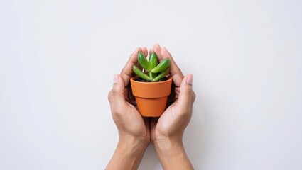 
 Link ×Title:
Serene woman holds a green sapling in her hands against a nature background. Concept for environmental conservation, Earth Day, ecology, sustainability, growth, and gardening.