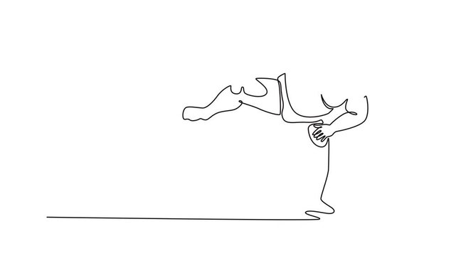Animated self drawing of continuous line draw attractive Sumo wrestler balancing on one leg with the other raised high in ritualistic Shiko movement, unexpected balance. Full length one line animation