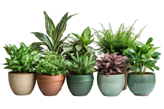 Assorted potted houseplants in decorative containers for indoor gardening and home decor arrangement on transparent background