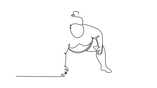 Animated self drawing of continuous line draw massive Sumo wrestler in low, crouched starting position, hand touching the ground, intense focus just before the charge. Full length one line animation