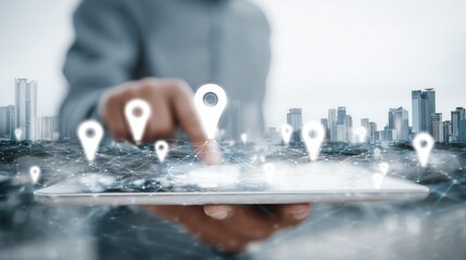 Businessman using digital map interface with location pins and cityscape background for urban planning or logistics operations.