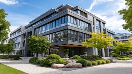 Modern corporate building with green landscaping