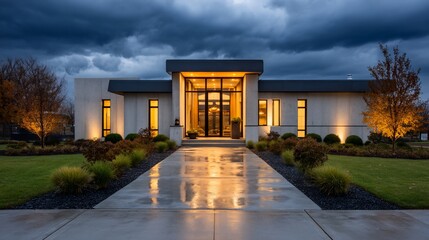 Modern home illuminated under storm clouds