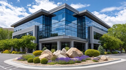 Modern office building gleams in summer sunshine