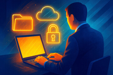 Person in suit at laptop with glowing orange icons for cloud, folder, and lock business computer