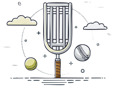 Conceptual Sports Illustration with a Jai Alai Cesta Cricket Ball and Pelota