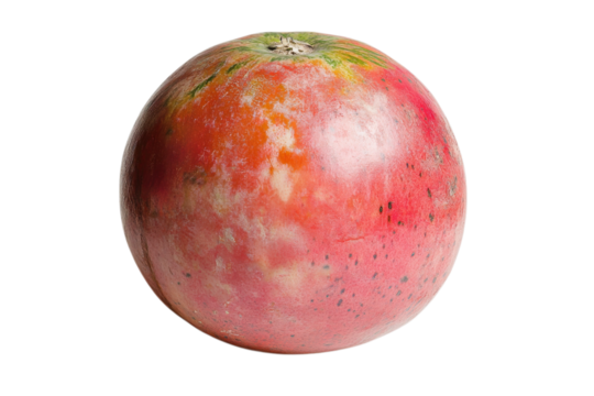 Close up of a ripe mango showing its vibrant colors and texture against a stark on transparent background