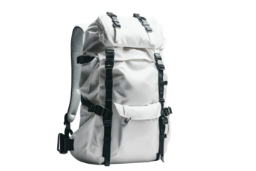 Stylish white backpack with black straps is perfect for outdoor adventures and everyday use gear bag on transparent background