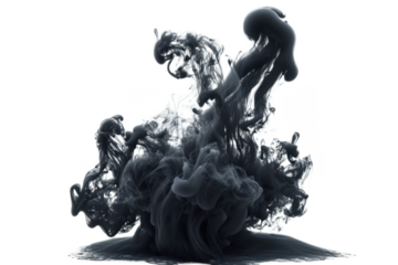 Abstract black ink cloud swirling in water creating a dynamic and mesmerizing visual effect on transparent background