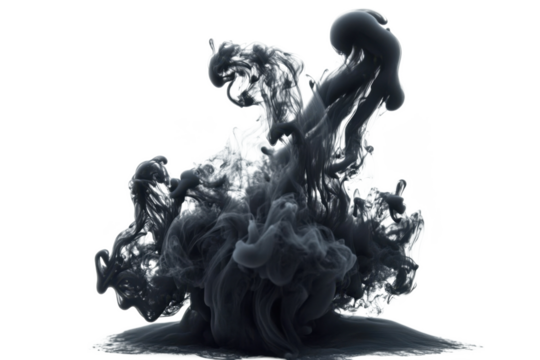 Abstract black ink cloud swirling in water creating a dynamic and mesmerizing visual effect on transparent background