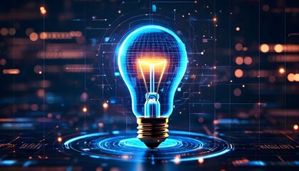 Digital representation of a glowing lightbulb symbolizing innovation, ideas, and technological advancement.