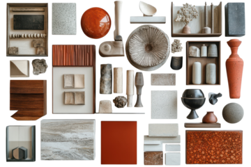 Assortment of natural stone and wood samples showcasing textures and colors for interior design projects on transparent background
