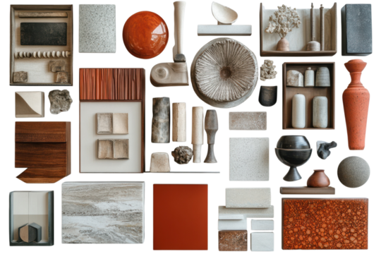 Assortment of natural stone and wood samples showcasing textures and colors for interior design projects on transparent background