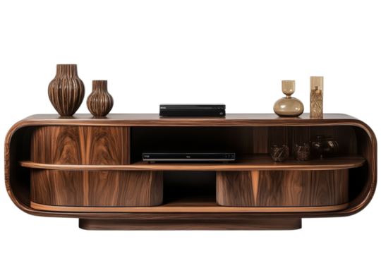 Modern wooden tv stand with vases and electronics for living room interior design and home entertainment on transparent background