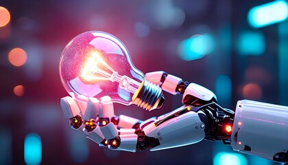 Robot hand holding a light bulb, symbolizing innovation and technology.