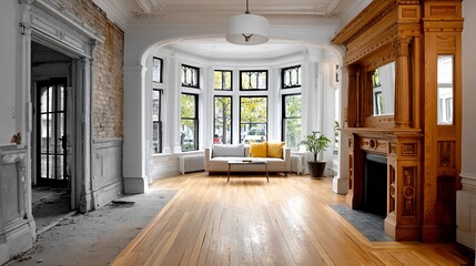 Renovated parlor with elaborate woodwork and sunny bay window