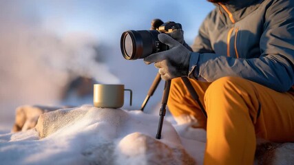 A photographer, their hands gloved, captures an aurora from an ice ridge, a tripod’s legs sinking into snow. The camera, its lens frosted, clicks softly. A thermos, its metal dented, steams - Powered by Adobe