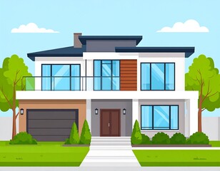 Modern two-story house with landscaping under blue sky