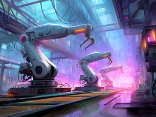 Robotic arms dominating the futuristic factory floor
