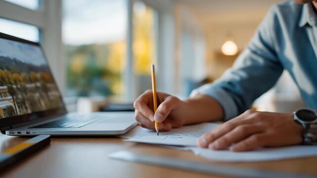 A student drafts a park blueprint in a design class, with pencils sketching, a ruler measuring, a laptop showing 3D renders, and a window overlooking a campus, shown in a studious photo with pencil