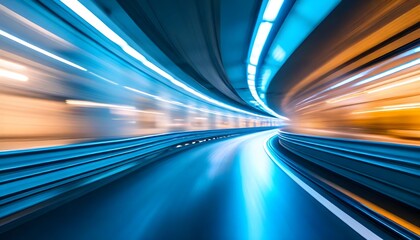 Dynamic long-exposure view from inside a curving tunnel, with blue and orange light streaks conveying a sense of high speed and motion.