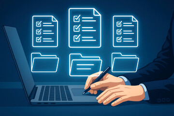 Person using stylus on laptop with glowing digital documents and folders in dark blue background data