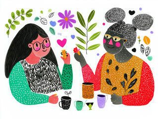 Two young women sit together, smiling and sipping tea from mugs, enjoying cookies and conversation. The friends laugh and have fun during a cozy brunch. Simple AI-generated illustration