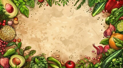 Colorful vegan food border celebrating world vegan day for greeting card design. Vintage illustartion. Horizontal banner. Copy space. Healthy Food. World Vegetarian Day