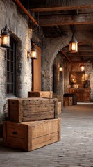 Rustic manor storage lit by lanterns