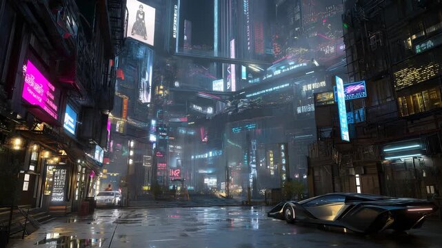 Futuristic cyberpunk alleyway with neon advertisements reflecting on rain-soaked pavement, sleek hovercars passing by, and pedestrians wearing cybernetic enhancements, symbolizing a high-tech urban