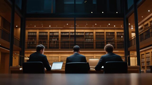 Jurors debating case points in a courtroom surrounded by law books, laptops, and exhibits, highlighting analytical thinking, collaborative evaluation, professional responsibility, ethical judgment,