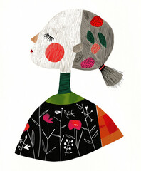 A profile portrait of a sad, tragic lady with closed eyes and a ponytail. A stylized textured illustration of a pensive European woman on white background. AI-generated