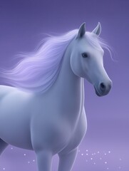 Obraz premium Majestic white horse with flowing lavender mane stands gracefully against a dreamy purple background, embodying elegance and fantasy in a whimsical atmosphere