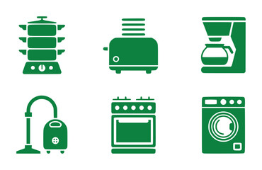 Collection of Green Household Appliance Icons on White Background
