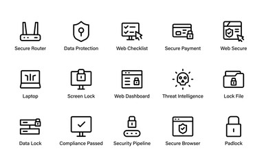 Professional Data Security and Privacy Protection Icon Set. featuring lock, secure browser, compliance, and cyber protection elements for digital platforms.