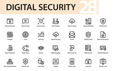 A modern digital security icon set featuring shields, locks, firewalls, secure browsers, and data protection symbols for cybersecurity and tech design projects.