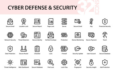 Modern Cyber Defense and Security Icon Set. protection, encryption, firewall, fingerprint, secure payment, and data privacy vector illustrations