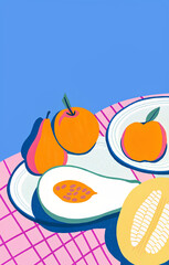 Modern graphic illustration of a colorful fruit still life featuring tropical produce on a checkered tablecloth.