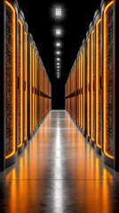 Server stacks glow in dark data center aisle