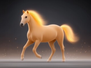 Golden horse with flowing mane and tail, gracefully trotting across a softly lit surface, surrounded by a dreamy atmosphere and ethereal sparkles, showcasing elegance and beauty