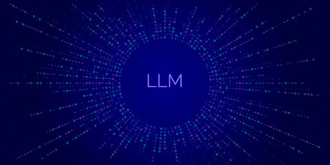 Abstract LLM circular burst with glowing digital rays. Large language model concept with futuristic data design