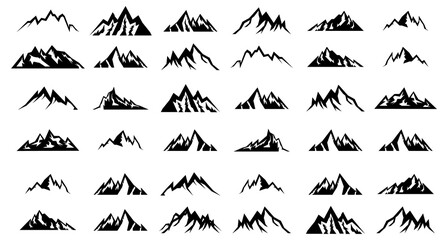 Naklejka premium Set of 36 black mountain silhouettes collection vector mountain icon set, hiking hill peak, forest nature landscape, hiking, camping and outdoor adventure logo template. Isolated in white background.